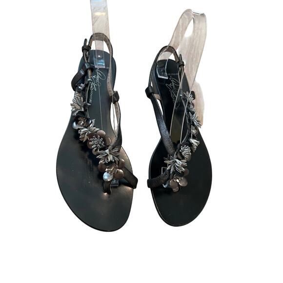 Womens Donald Pliner Signature Flower Sandals Size 8.5 Donald & Lisa Flat Black - Picture 1 of 5